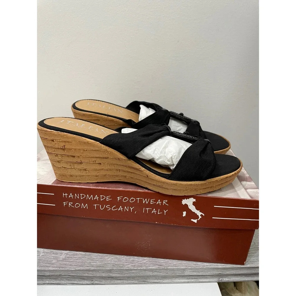 Italian Shoemakers Bethany Black Wedge Sandals‎ Beaded Bow Cork Slides 8.5 NIB